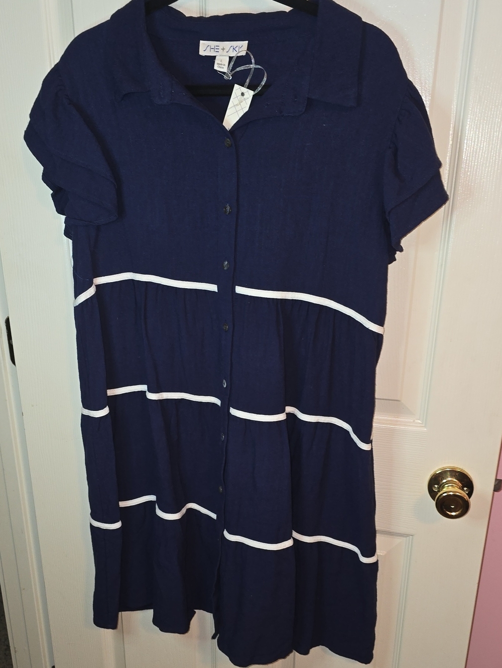 She + Sky Navy Blue Button-Front Tiered Dress with White Trim